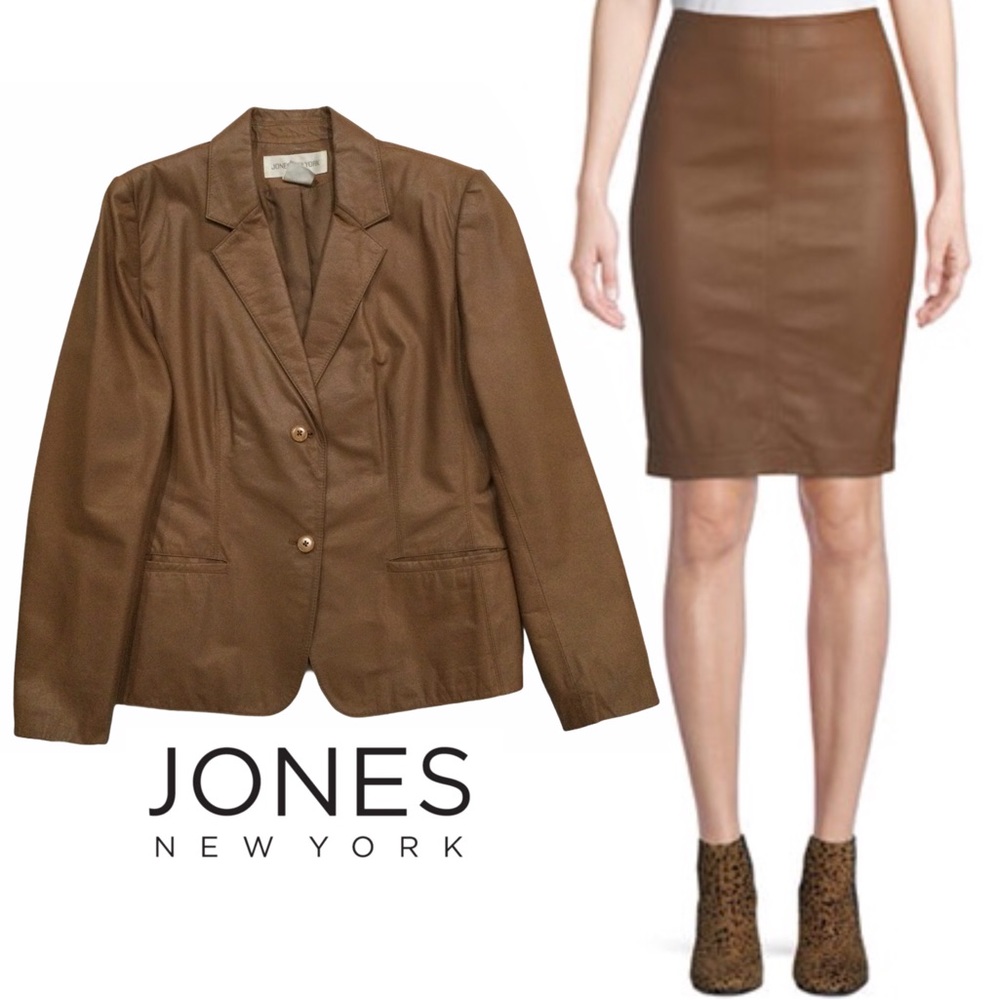 Jones New York Leather Suit Jacket + Skirt, Camel, Sz 10 Beautiful Condition